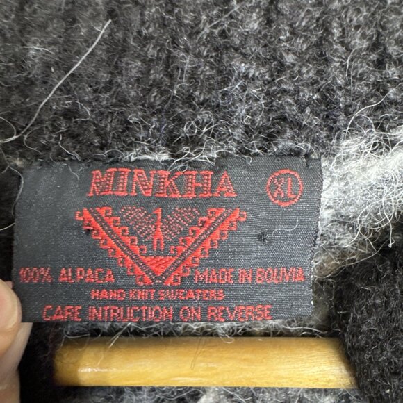 Minkha 100% Alpaca Hand-Knit Zip Cardigan Sweater Gray Black Pattern Women L/XL - Picture 2 of 6